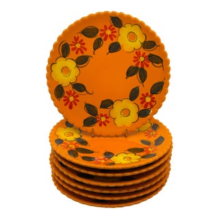 Mid Century Retro Orange Floral Plates Made in Italy - Set of 7 For Sale