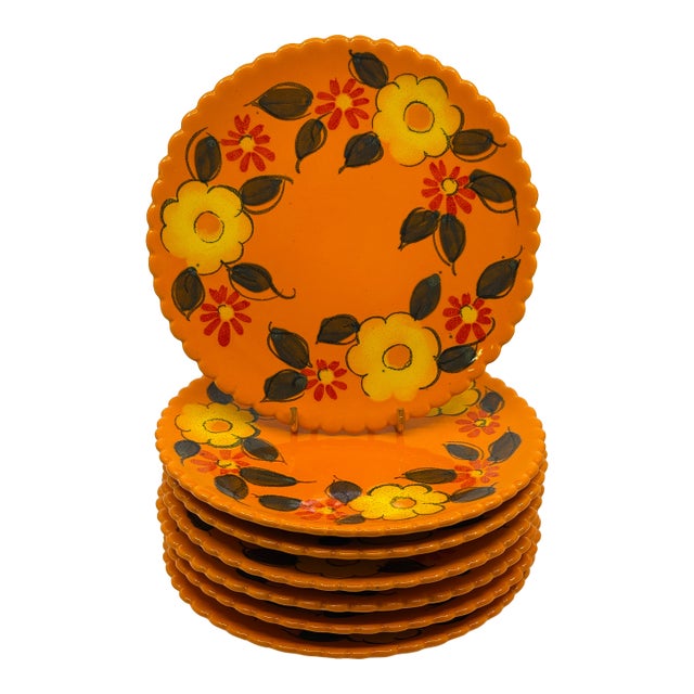 Mid Century Retro Orange Floral Plates Made in Italy - Set of 7 For Sale