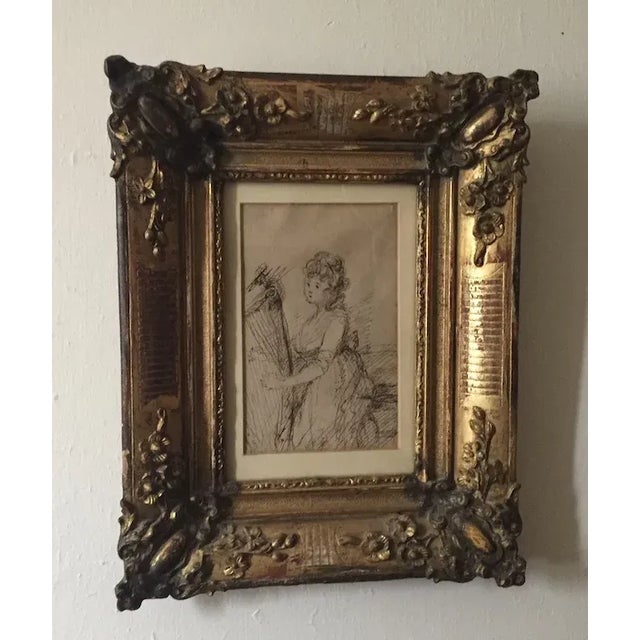 Paper Late 19th Century French Belle Epoque Drawing of a Seated Classical Lady Playing the Harp by Constantine Guys, Framed For Sale - Image 7 of 12