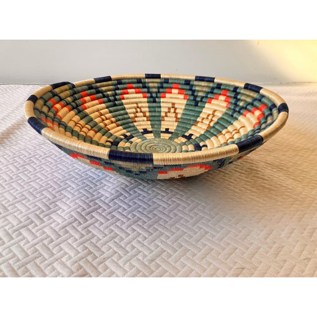 Woven Natural African Basket With Teal Blue & Cream Design For Sale In New York - Image 6 of 6