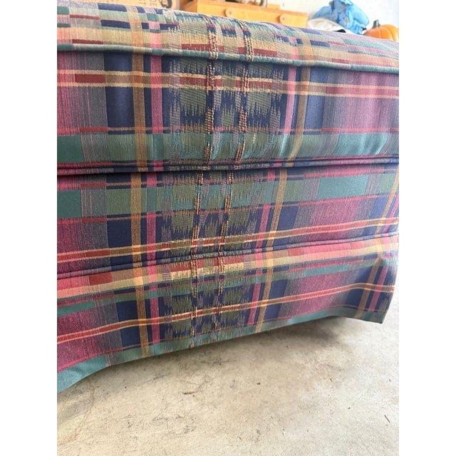 English Vintage Taylor King Artisans Custom Jewel Plaid Skirted Ottoman on Brass Casters (1996) For Sale - Image 3 of 11