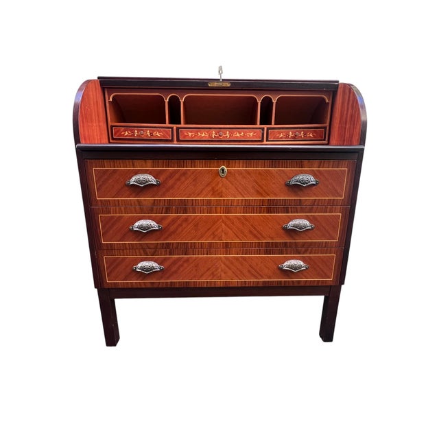 Wood Swedish Roll-Top Secretary Desk Bookmatched Teak & Rosewood Attributed to Egon Ostergaard For Sale - Image 7 of 18
