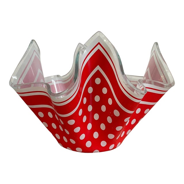 Vintage Glass Kerchief Form Bowl, Red Dots For Sale