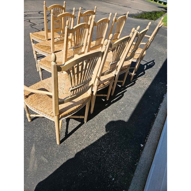 Complete set of 10 French country dining chairs which are perfect for country-chic, farmhouse, coastal, or traditional...