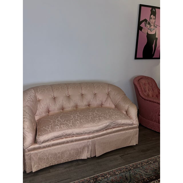 Beacon Hill Vintage Beacon Hill Tufted Damask Sofa – Blush Pink – Hollywood Regency – 60” For Sale - Image 4 of 9