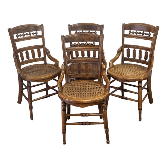 Late 19th Century Victorian Solid Walnut Cane Seat Dining Chairs For Sale