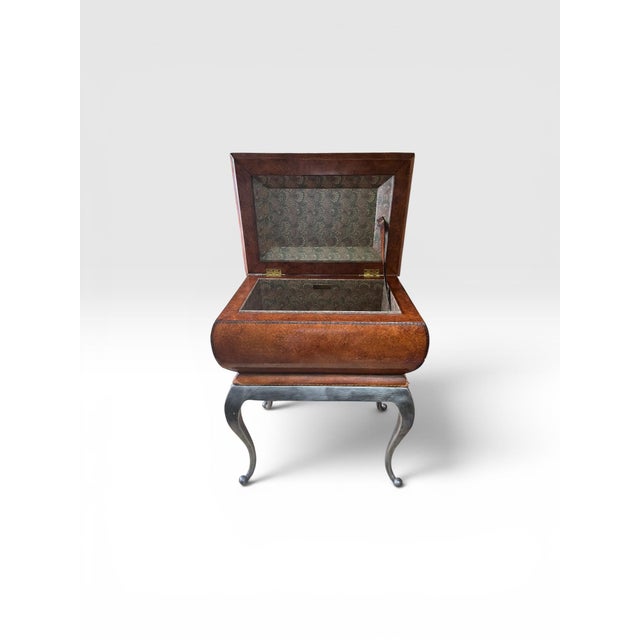 Elegant vintage Maitland-Smith decorative box featuring a hand-finished marbled leather exterior with gilt-tooled accents...