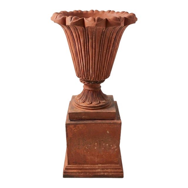 1990s Italian Neoclassical Terracotta Urn on Matching Pedestal For Sale