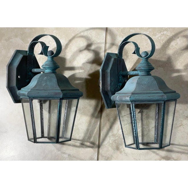 American Small /Petit Funky Pair of Vintage Solid Brass Lanterns - 11” High X 6”w X 5”d For Sale - Image 3 of 12