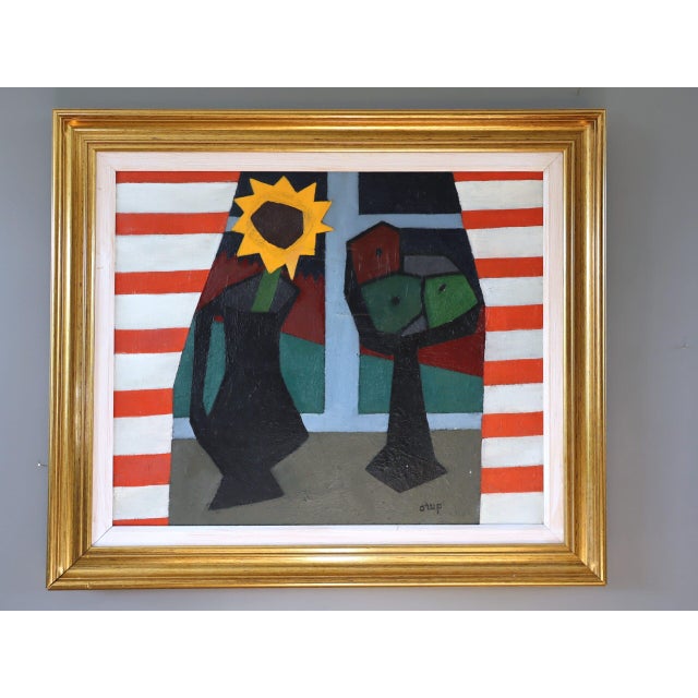 THE STRIPED ROOM Size: 25.4 x 29.5 inches (including frame) Oil on board A vibrant mid-century modern still life painted...