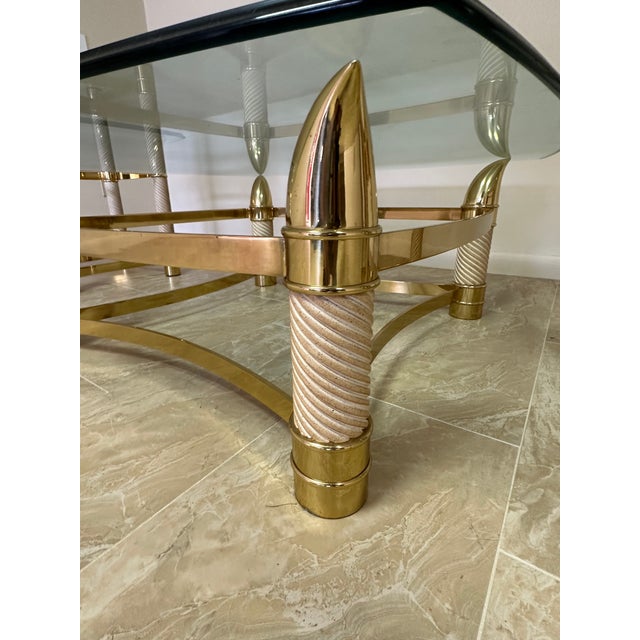 1980s 1980s Vintage Italian Brass Horn 1 Coffee and 2 End Tables Thick Glass - Set of 3 For Sale - Image 5 of 12