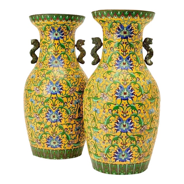 Pair of Chinese Yellow Cloisonné Vases For Sale