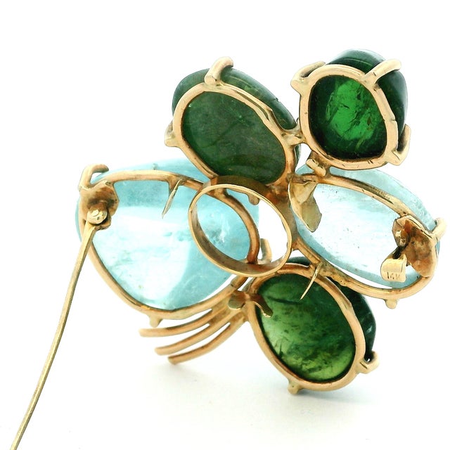 1950s Italian Mid-Century Convertible Aquamarine & Green Tourmaline 14k Brooch Ring For Sale - Image 5 of 14