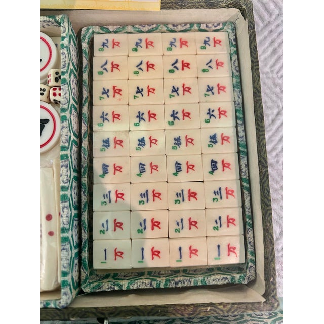 Wood Vintage Chinese Bone & Bamboo Mah Jong Set in Silk Brocade Case With Original Booklet & Wrapped Tiles For Sale - Image 7 of 15
