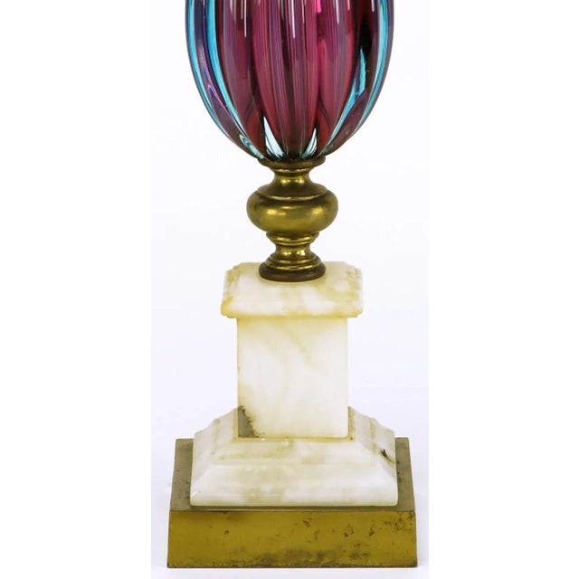 1940s Reeded Amethyst & Aquamarine Murano Glass Table Lamp With Carrera Marble Base For Sale - Image 5 of 6