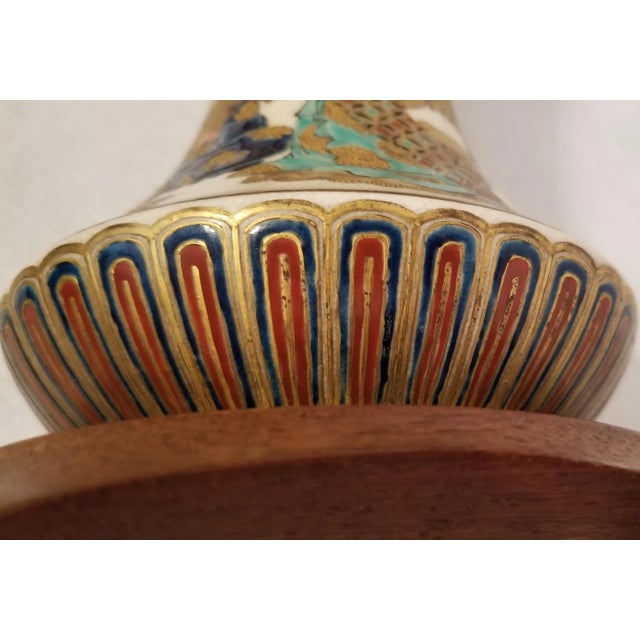 Vintage Satsuma Moriage Table Lamp Immortals Porcelain Teak Wood Base For Sale - Image 9 of 12