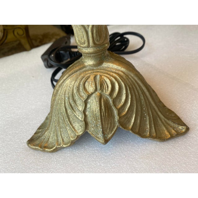 Vintage Table Lamp Gold Tone Traditional Hollywood Regency Decorative Table Lamp Vintage Lighting Floral Motif Damask Shade For Sale - Image 4 of 9