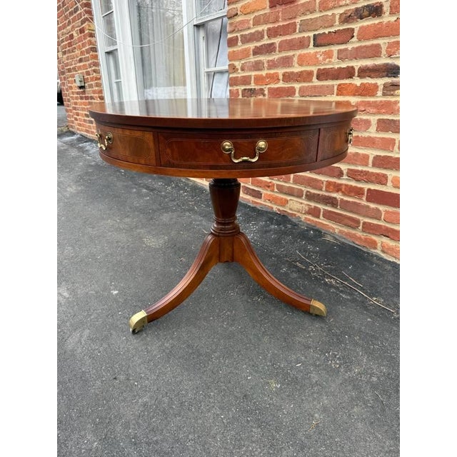 Baker Furniture Company Late 20th Century Baker Furniture Federal Style Inlaid Mahogany Two-Drawer Pedestal Base Drum Table Side Table For Sale - Image 4 of 17