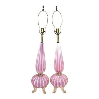Pair of Mid-Century Pink Murano Footed Lamps For Sale