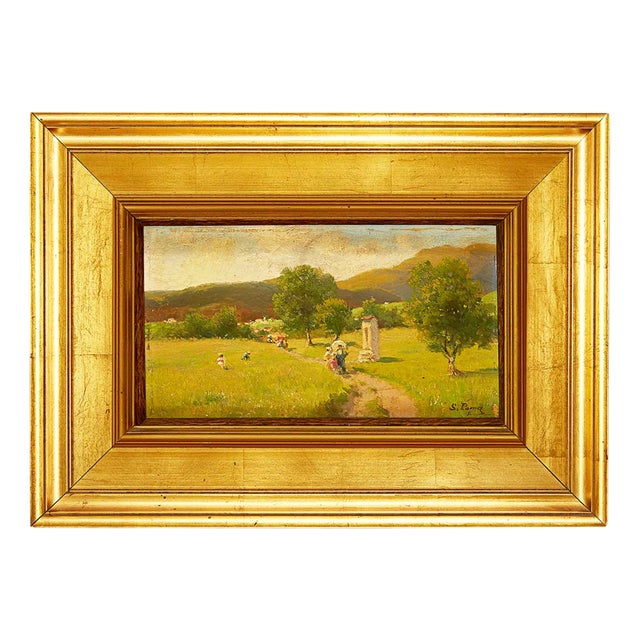 Silvio Poma, Mountain Landscape with a Walk on the Path, 1800s, Oil on Board, Framed For Sale
