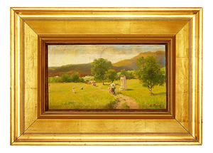 Silvio Poma, Mountain Landscape with a Walk on the Path, 1800s, Oil on Board, Framed