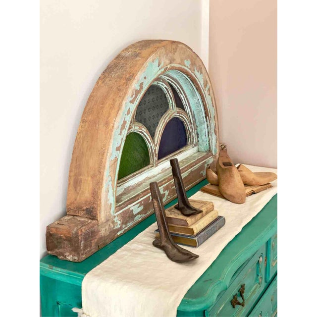 Antique Indian Teak and Cathedral Glass Overdoor Lunette, First Half of the 20th Century, 1920s For Sale - Image 4 of 15
