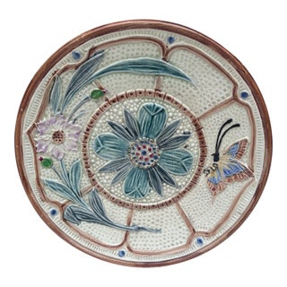 19th Century Majolica Flowers & Butterfly Plate Wasmuel For Sale