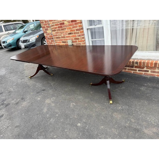 Wood Kindel Oxford Georgian Style Mahogany Double Pedestal Extension Dining Table With 4 Leaves For Sale - Image 7 of 17
