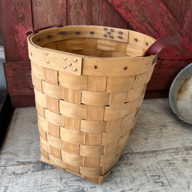Handcrafted Mountain Trails Basket With Leather Handle 15" High 13" Wide Vintage For Sale - Image 12 of 14