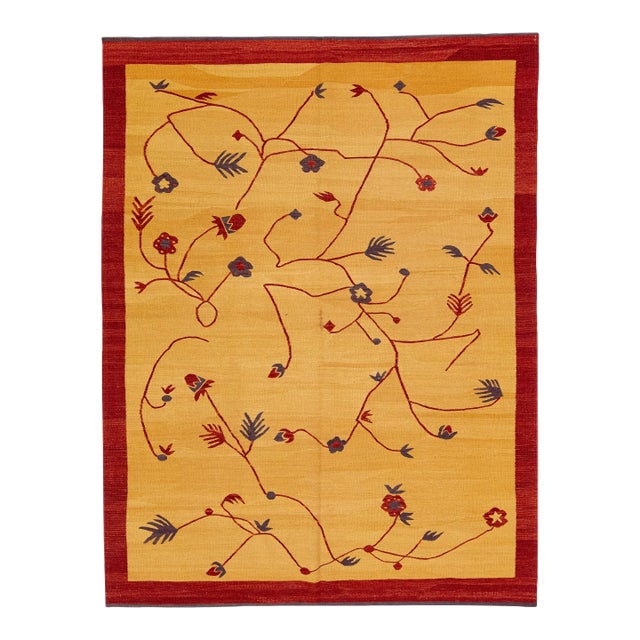 2020s Modern Kilim Handmade Yellow Geometric Wool Rug For Sale