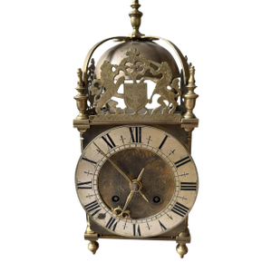 Late 19th Century Early English or Continental Brass Lantern Clock. Runs Chimes. Decorated With Lion, Unicorn and Fleur De Lys.