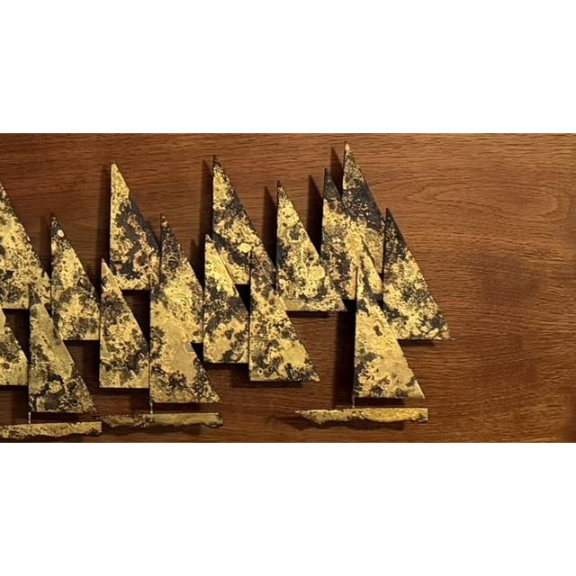 1960s Peter Pepper Brass Sailboats Wall Sculpture on Walnut Panel | Mid-Century Modern California Brutalist Art For Sale In Dallas - Image 6 of 9