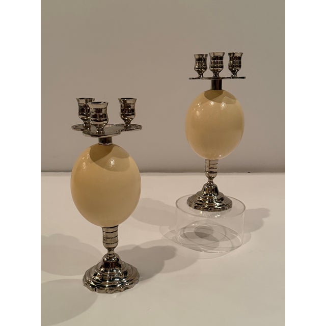 Silver Plate & Ostrich Egg Candlesticks -a Pair For Sale - Image 12 of 14