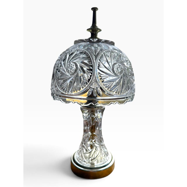 Vintage Cut Glass Boudoir Table Lamp With Domed Scalloped Shade & Gold-Tone Base For Sale - Image 4 of 5