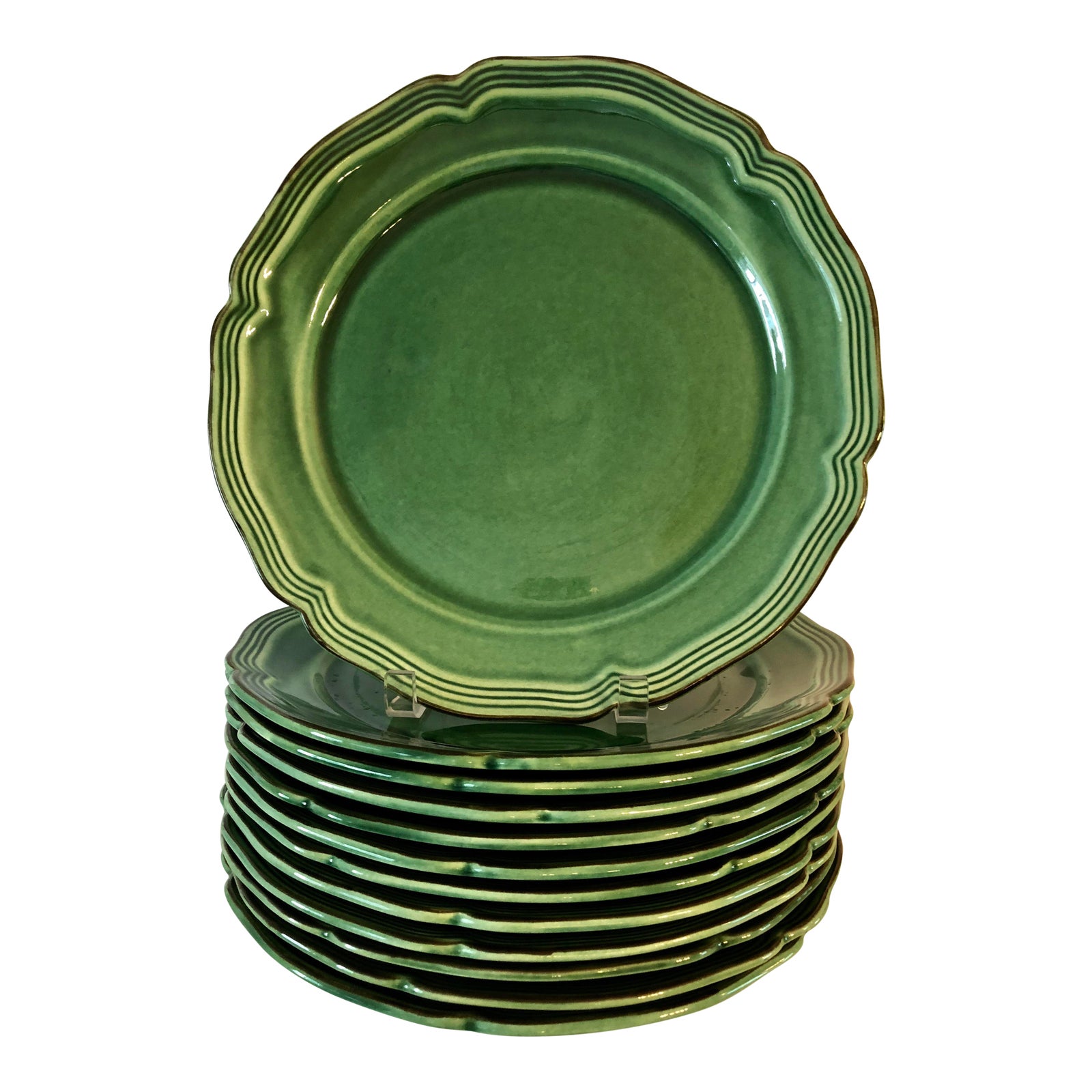 Rustic Pierre Deux Provence Faience Green Pottery Dinner Plates Set