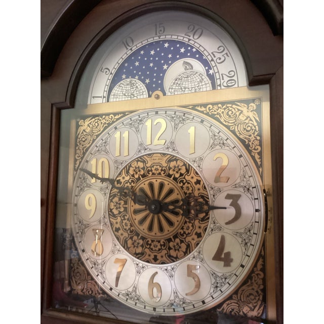 American Cherrywood Ethan Allen 1979 Tall Case Grandfather Clock With Moving Moon Dial and 3 Phase Westminster Chimes For Sale - Image 3 of 9