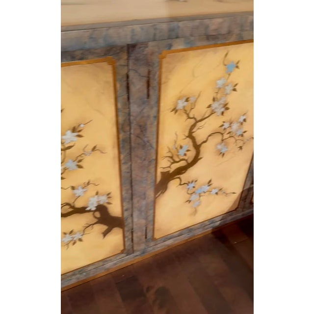 Art Deco Rare Hollywood Regency 4-Door Black Lacquer Sideboard, Structural Brass Inserts (100+ Pieces), Mastercraft/ William Doezema Style, Circa 1970 For Sale - Image 3 of 14