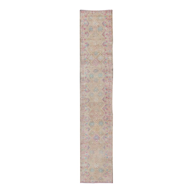 Long Vintage Turkish Runner With Geometric Design in Light Purple and Gold 2'11 X 15'8 For Sale