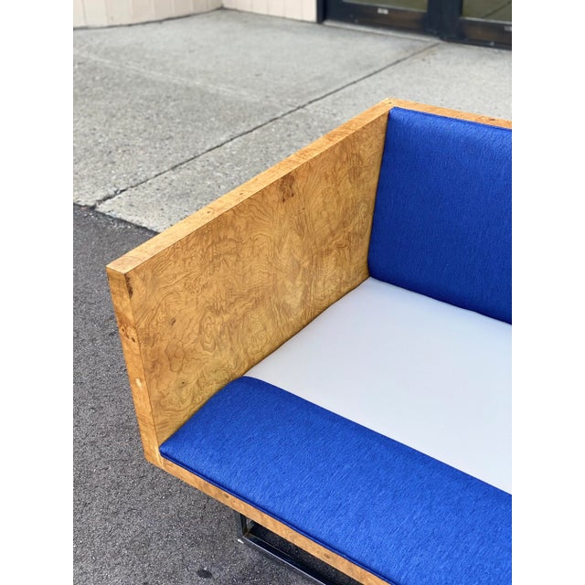 Wood 1970s Milo Baughman for Thayer Coggin Burlwood and Blue Chrome Floating Case Study Sofas -A Pair For Sale - Image 7 of 12