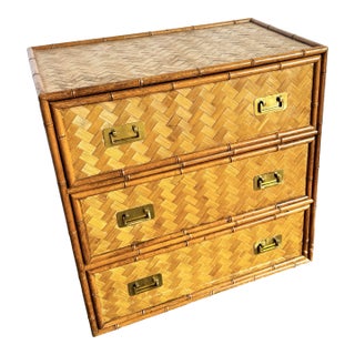 Vintage Boho Chic Faux Bamboo Herringbone Wicker Chest of Drawers For Sale