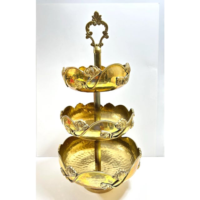 Art Nouveau Vintage Art Nouveau Brass 3-Tiered Serving Piece For Sale - Image 3 of 11