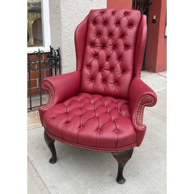 Antique Queen Anne Red Tufted Leather Wingback Chair & Ottoman For Sale - Image 4 of 8