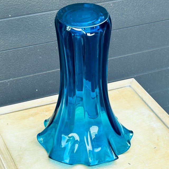 Mid-Century Modern Blue Ruffled Rim 14" Tall Blown Glass Vase For Sale In Philadelphia - Image 6 of 11