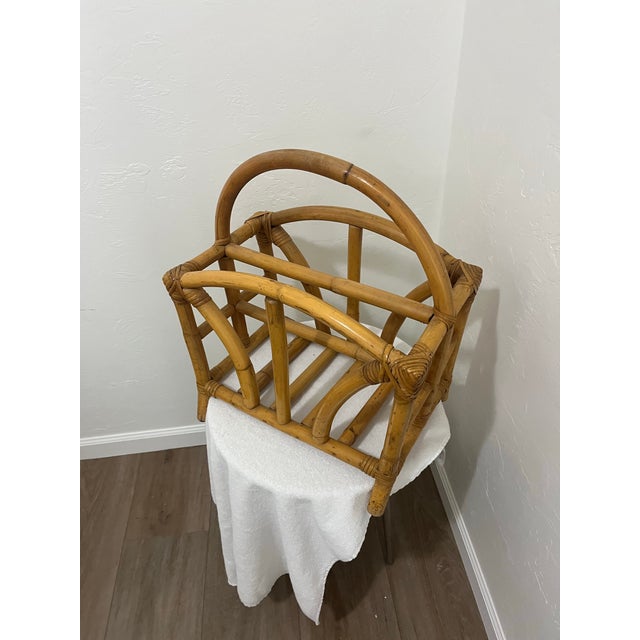 Brown 1970s Calif-Asia Rattan Bamboo Chinese Chippendale Boho Tiki Magazine Rack Stand For Sale - Image 8 of 11