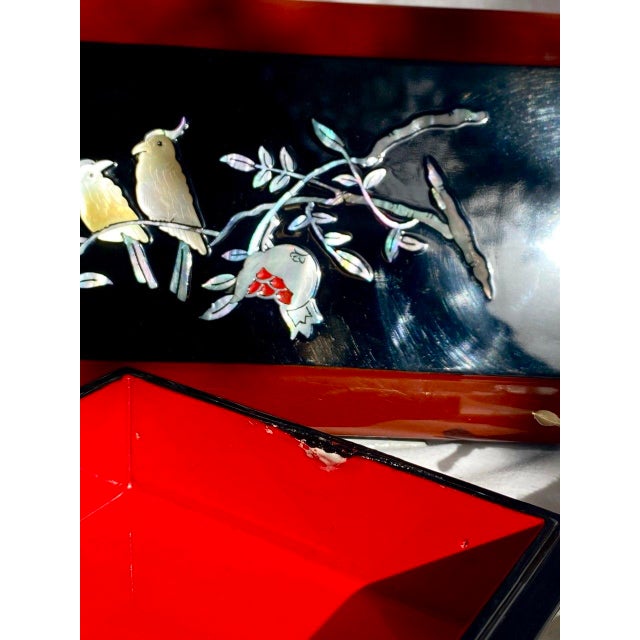 Japanese Black Lacquer Smoking Box Mother-of-Pearl Birds & Pomegranates - Mid 20th Century For Sale - Image 9 of 16