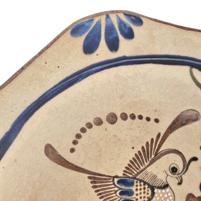 Mexican Tonala Pottery Platter Bird Low Bowl Centerpiece 13" For Sale - Image 4 of 7