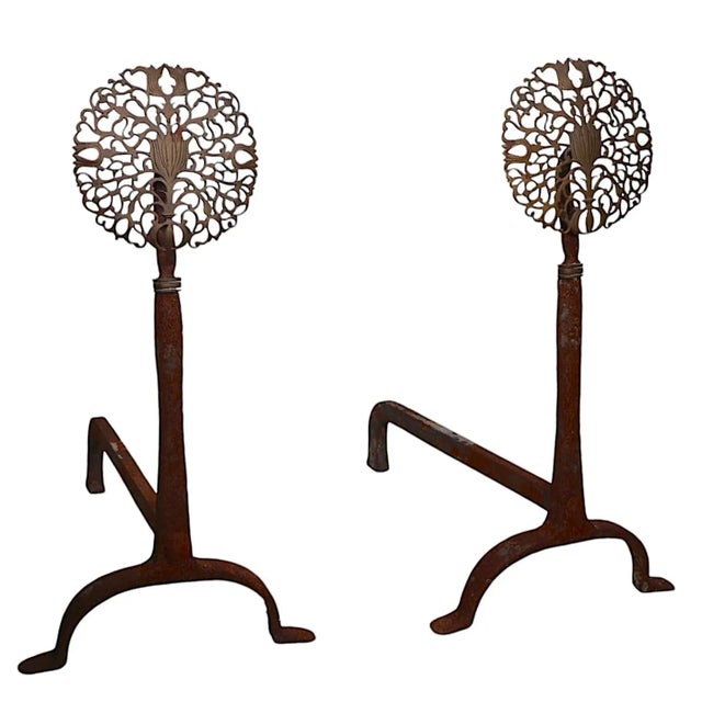 Pr. Brass Filigree Medallion Wrought Iron Base Andirons Att. To Virginia Metal Crafters For Sale - Image 9 of 9