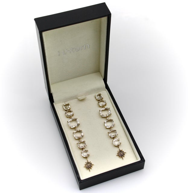 1990s H. Stern 18k Gold Moonlight Rock Crystal and Diamond Drop Earrings, A Pair For Sale In Los Angeles - Image 6 of 12