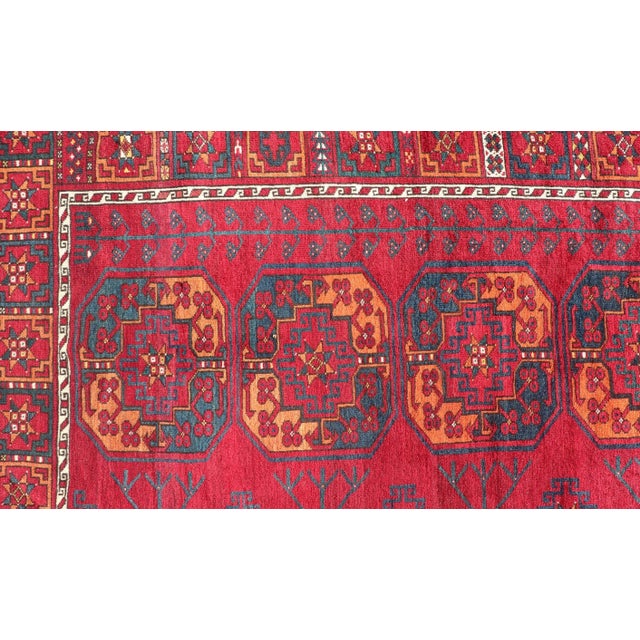 Textile Antique Ersari Rug in Wool With Gul Design in Ivory, Blue, Red and Orange 8'2 X 11'8 For Sale - Image 7 of 11