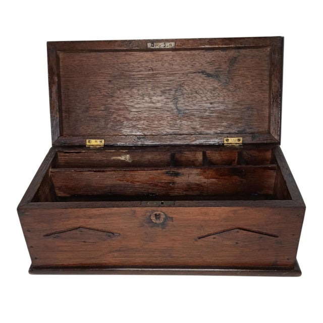 Wood Antique Wood Box Dark Rustic Brown Diamond Design With Round Medallion For Sale - Image 7 of 18